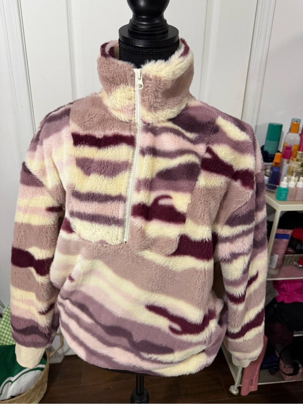 Cozy Plush Half-Zip Fleece Pullover - Mauve/Pink Stripe